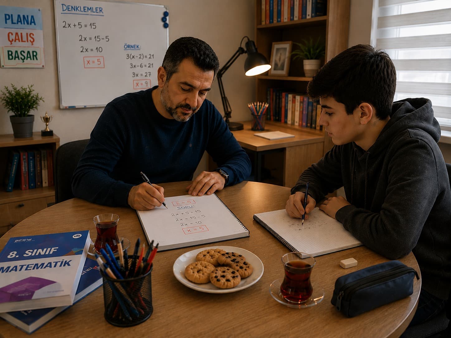 Öğretmeniyle yüz yüze matematik çalışan öğrenci